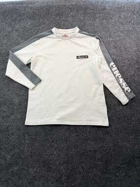 Ellesse Kids Long Sleeve T-Shirt White Grey Taped Sleeve Size 10/11